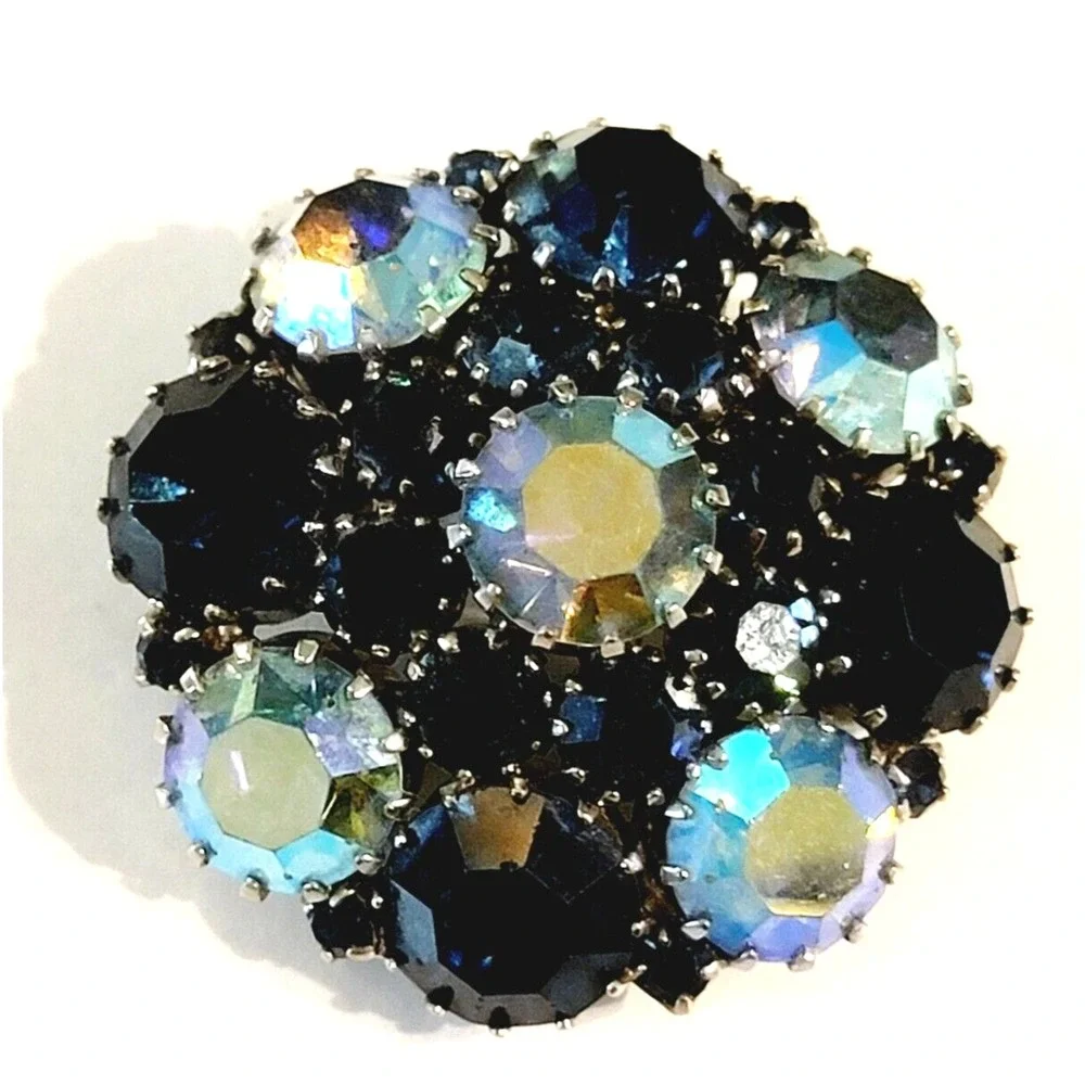 Vintage Blue Brooch Pin Unsigned Schreiner Rhinestone Domed Layered Mid-century